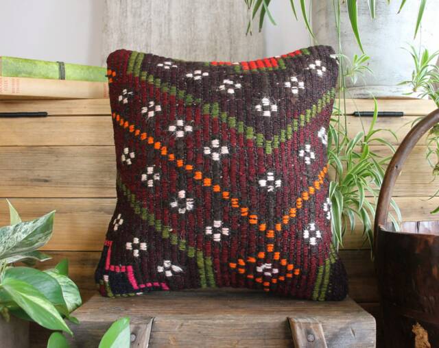 40cm - 16Inch Handwoven Kilim Pillow Cover - Maroon Green Full Thick Weave - image 1