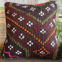 40cm - 16Inch Handwoven Kilim Pillow Cover - Maroon Green Full Thick Weave - thumbnail 2