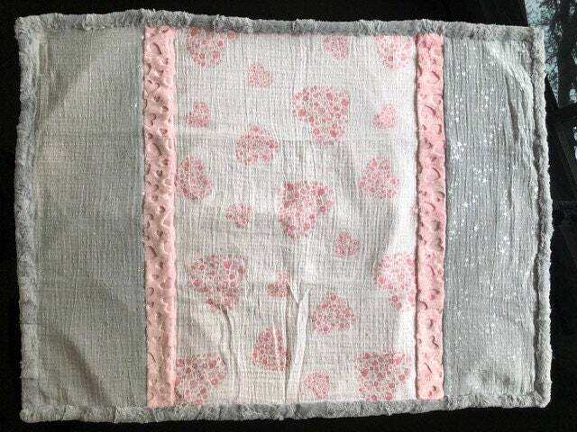 "Handmade Modern Baby Minky Blanket Printed Pink Hearts in Hearts Gray ""Metallic" - image 1