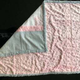"Handmade Modern Baby Minky Blanket Printed Pink Hearts in Hearts Gray ""Metallic" - thumbnail 4