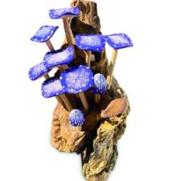 Wall-Hanging Cluster Of Ten Indigo Mushrooms On Teak Root Base - thumbnail 2