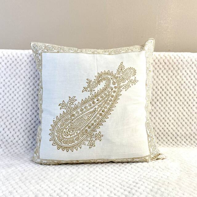 16 Inch Pillow Case.cushion Cover, Mustard, Paisley Design, Luxurious 100 % Soft Cotton, Hand Block Printed, India Art, Gift - image 1