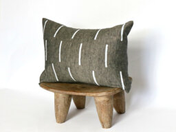 Gray Linen Pillow With White Line Design // Charcoal Minimalist Block Printed Mud Cloth Inspired Bauhaus Bedding Accent Cushion Cover Grey - thumbnail 1