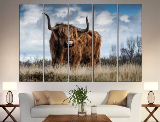 Highland Cow Canvas Print Farmhouse Decor, Texas Longhorn Wall Art - image 1