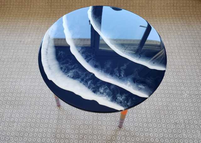 Ocean Wave Resin Coffee Table, Round Wooden Side Modern Art - image 1