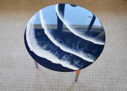 Ocean Wave Resin Coffee Table, Round Wooden Side Modern Art - thumbnail 1