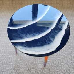 Ocean Wave Resin Coffee Table, Round Wooden Side Modern Art - thumbnail 2