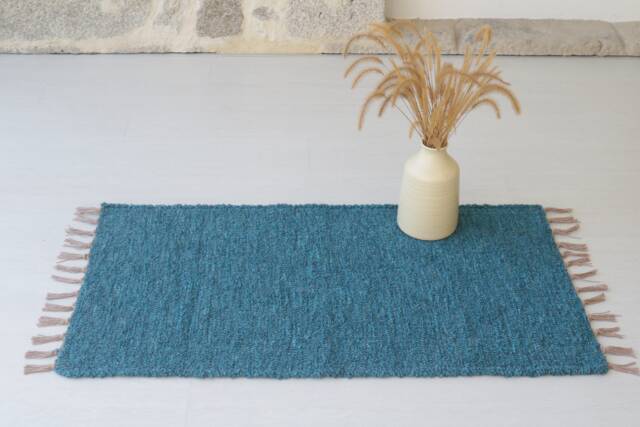 Small Handwoven Blue Rug, Cotton Bath Bathroom Mat, Bedroom Sustainable Shower Solid Soft Bain Tapis - image 1