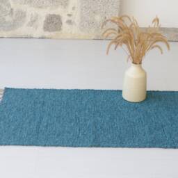 Small Handwoven Blue Rug, Cotton Bath Bathroom Mat, Bedroom Sustainable Shower Solid Soft Bain Tapis - thumbnail 2