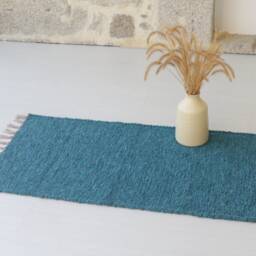 Small Handwoven Blue Rug, Cotton Bath Bathroom Mat, Bedroom Sustainable Shower Solid Soft Bain Tapis - thumbnail 3
