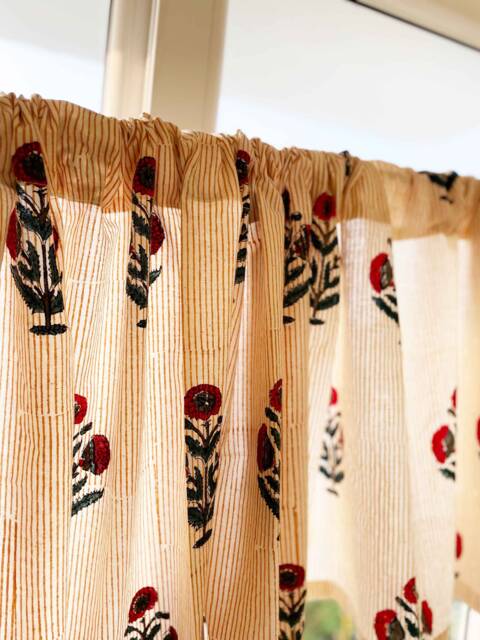 Hand Block Printed Poppy Valance, Red Blue Floral Kitchen Curtains, Organic Cotton - image 1