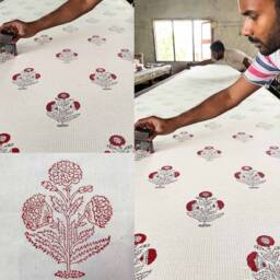Hand Block Printed Poppy Valance, Red Blue Floral Kitchen Curtains, Organic Cotton - thumbnail 2