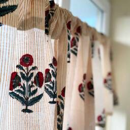 Hand Block Printed Poppy Valance, Red Blue Floral Kitchen Curtains, Organic Cotton - thumbnail 3