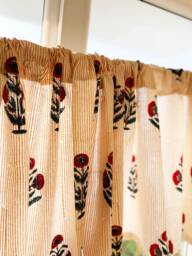 Hand Block Printed Poppy Valance, Red Blue Floral Kitchen Curtains, Organic Cotton - thumbnail 1