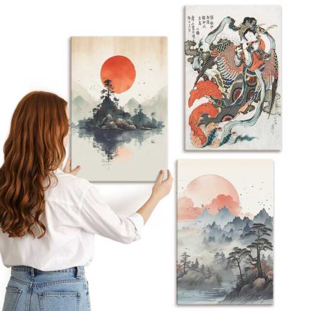 Canvas Set Of 3 - Asian Landscape Paintings & Portraits in The Japandi Style, Beige Wall Art, Landscapes Hanging Piece - image 1