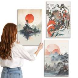 Canvas Set Of 3 - Asian Landscape Paintings & Portraits in The Japandi Style, Beige Wall Art, Landscapes Hanging Piece - thumbnail 1