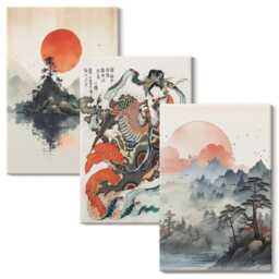 Canvas Set Of 3 - Asian Landscape Paintings & Portraits in The Japandi Style, Beige Wall Art, Landscapes Hanging Piece - thumbnail 2