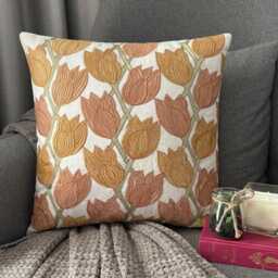 Rust Orange Cotton Linen, Embroidered Nature & Floral Pattern, Contemporary Throw Pillow Cover/Euro Sham - Tulip Sway - thumbnail 1