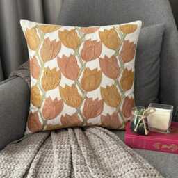 Rust Orange Cotton Linen, Embroidered Nature & Floral Pattern, Contemporary Throw Pillow Cover/Euro Sham - Tulip Sway - thumbnail 2