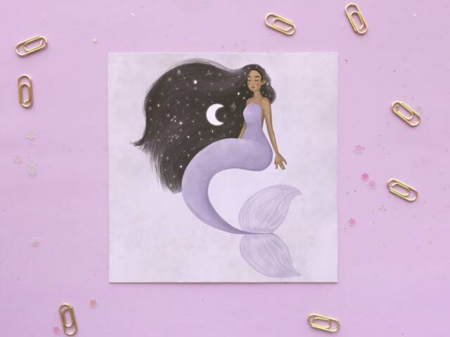 Purple Moonchild Mermaid Art Print - Poster Mermay Dreamy Illustration Wall Home Decor & Gifts Original Drawing - A4 A5 A6 - image 1