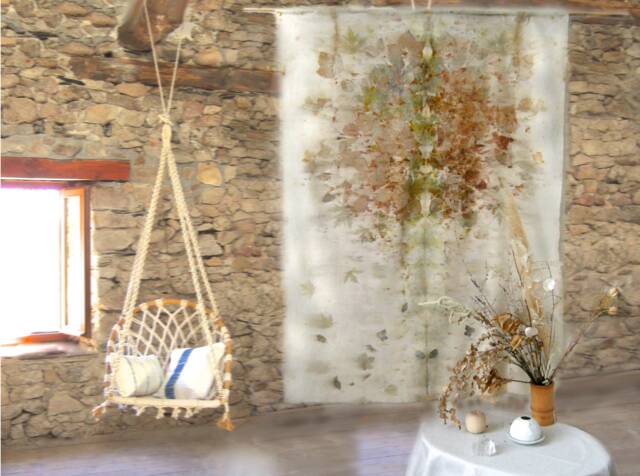 Original Noil Silk Wall Hanging With Botanical Pressed Leaves Ecoprint, Organic Earthy Fiber Arts Of A Tree Life, Unique Home Decor Gift - image 1