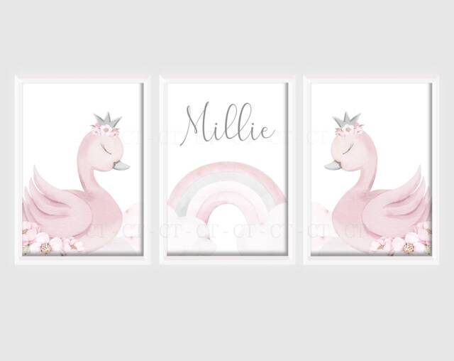 Swan Princess Rainbow Girls A4 Or A3 Nursery Set Of Unframed Personalised Prints Pink Grey Flowers Bow Crown Cloud Wall Art