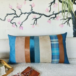 Eco-Friendly Lumbar Pillow Cover Made Of Segmented Velvet & Cotton Strips - thumbnail 3