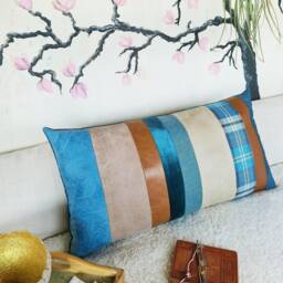 Eco-Friendly Lumbar Pillow Cover Made Of Segmented Velvet & Cotton Strips - thumbnail 2