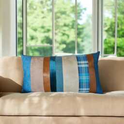 Eco-Friendly Lumbar Pillow Cover Made Of Segmented Velvet & Cotton Strips - thumbnail 1