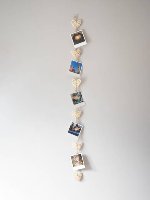 White Rattan Hearts Photo Display, Rustic Picture Hanger Wall Decor With Mini Clothes Pegs, Optional Custom Prints - image 1