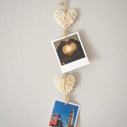 White Rattan Hearts Photo Display, Rustic Picture Hanger Wall Decor With Mini Clothes Pegs, Optional Custom Prints - thumbnail 2