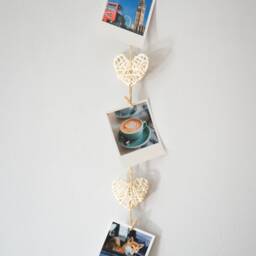 White Rattan Hearts Photo Display, Rustic Picture Hanger Wall Decor With Mini Clothes Pegs, Optional Custom Prints - thumbnail 3