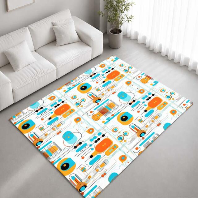 Orange Blue Retro Atomic Geometric Rug Non-Slip Soft Area Carpet Bedroom Living Room Hallway Mat Decor - Made in UK - image 1