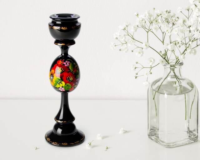 Ukrainian Wooden Candle Stick Holder Hand Painted, Tall Black Holder, Handmade Table Home Decor, Petrykivka Gift Ukraine Shop, S162 - image 1