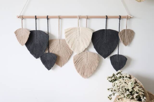 Large Macrame Feather Wall Hanging, Boho Home Decor, Dark Gray - image 1