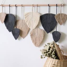 Large Macrame Feather Wall Hanging, Boho Home Decor, Dark Gray - thumbnail 3