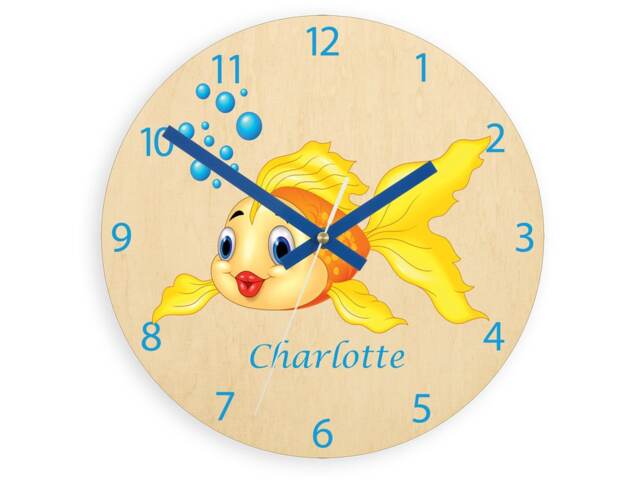 Kids Wall Clock - Gold Fish With Personalizen Name, Wood Clock, Large Clock Childrens Room Wall Art Woodland - image 1