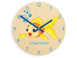 Kids Wall Clock - Gold Fish With Personalizen Name, Wood Clock, Large Clock Childrens Room Wall Art Woodland - thumbnail 1
