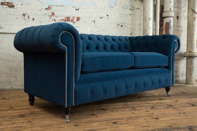 British Handmade Easy Clean Blue Velvet 3 Seater Chesterfield Sofa - image 1