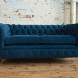 British Handmade Easy Clean Blue Velvet 3 Seater Chesterfield Sofa - thumbnail 3