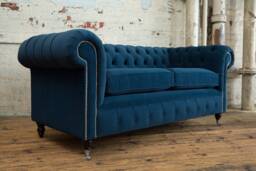 British Handmade Easy Clean Blue Velvet 3 Seater Chesterfield Sofa - thumbnail 1