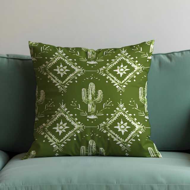 Green Southwestern Cushion Cover, Cactus & Tribal Print Pillow Case, Boho Western Throw Desert Inspired Home Decor - image 1