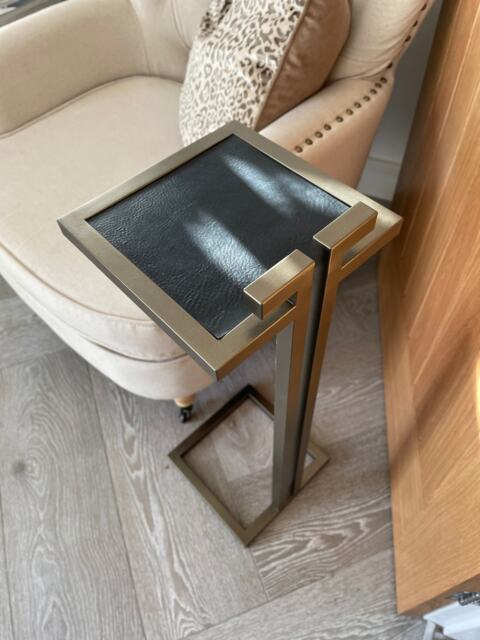 Brass Finish Drinks Table Italian Leather Top, Contemporary Side Table - image 1