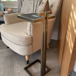 Brass Finish Drinks Table Italian Leather Top, Contemporary Side Table - thumbnail 4