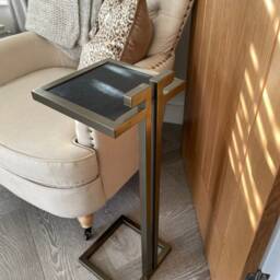Brass Finish Drinks Table Italian Leather Top, Contemporary Side Table - thumbnail 2