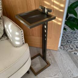 Brass Finish Drinks Table Italian Leather Top, Contemporary Side Table - thumbnail 3
