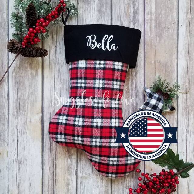 Personalized Red Plaid Christmas Stocking Farmhouse Decor With Name Embroidered - image 1