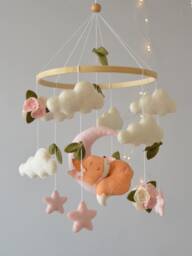 Fox Baby Mobile Sleeping Fox, Clouds, Stars, Felt Nursery Decor - thumbnail 1