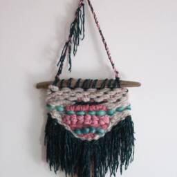 Modern Minimalist Fringe Wall Art. Forest Green & Pink Home Decor - thumbnail 2