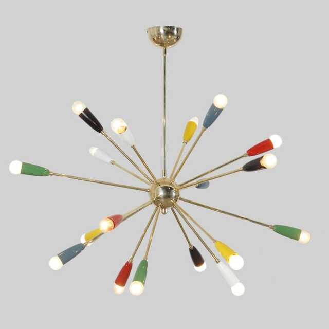 Mid Century Modern Sputnik Chandelier, Brass Finish, Colorful Accent Lighting - image 1